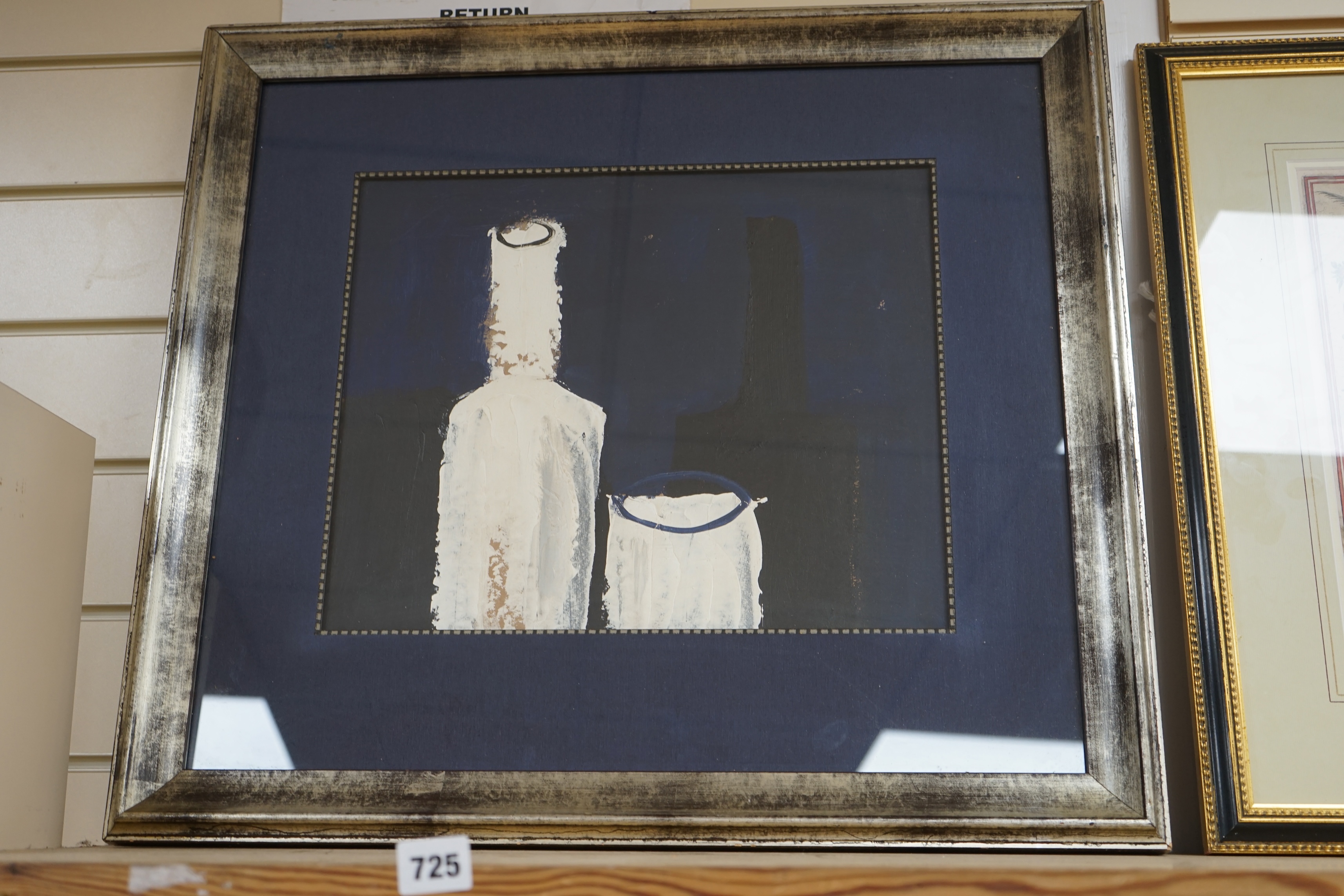 Oil on board, abstract composition, Still life of vessels, 32 x 38cm. Condition - good